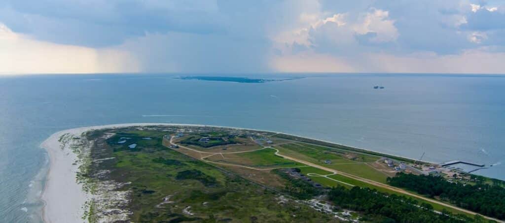 Aerial view of Fort Morgan beach where you can go fishing in fall